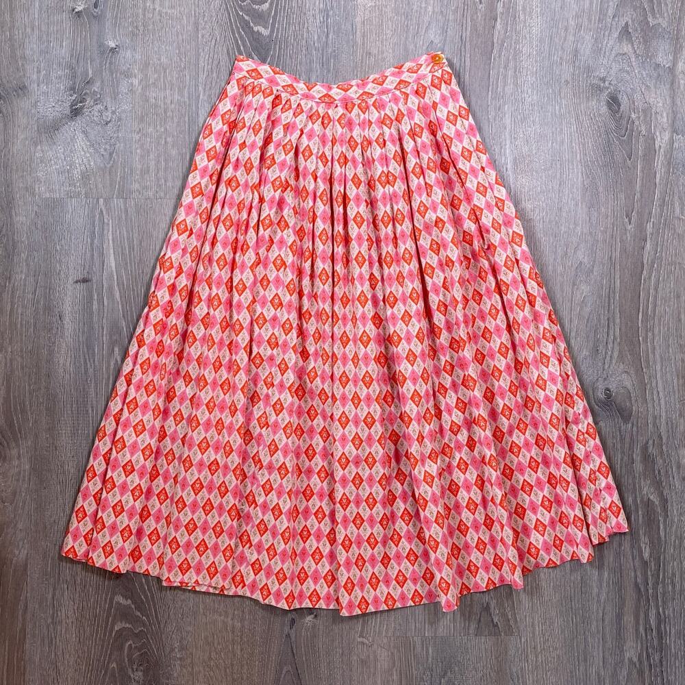Vtg 50s Chumley Sportswear Pink Diamond Floral Pleated Midi Skirt Side Zip 24"